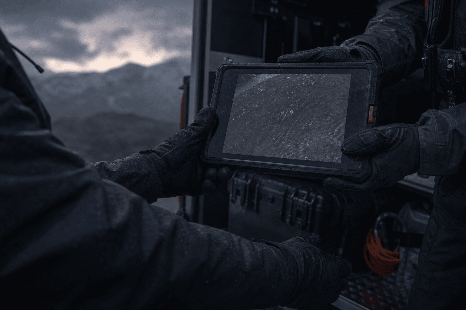 Rescue operators reviewing an aerial search frame on a rugged tablet